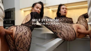 Stepson caught MILF stepmom in sexy outfit and fucked in all holes